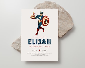 Captain America Birthday Invitation | Vintage Superhero Party (Editable, Instant Download)