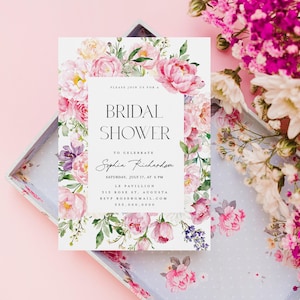 Bridal Shower Invitation Template |Summer Blush Pink Flowers Bridal Shower Invite | Elegant Floral Bridal Shower | Editable