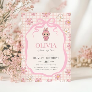 Editable Pink Labubu  Birthday Invitation | Labubu Birthday Theme | Floral  Labubu Any Age Invite | Bow Labubu Editable Template