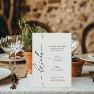 Minimalist Drinks Menu Template  | Modern Bar Wedding Menu | Boho Drinks Menu | Editable