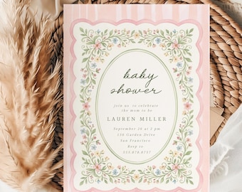 Pink Garden Baby Shower Editable Invitation, Pink Vintage Flowers Invite