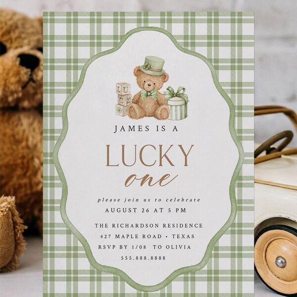 Lucky One Teddy Bear First Birthday Invitation, Green Plaid (Editable Template)