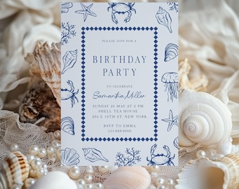 May include: A white invitation card with a blue nautical theme. The card features illustrations of seashells, starfish, and crabs. Text on the card reads "Birthday Party" and includes event details. The card is surrounded by seashells and pearls.