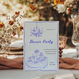 Dinner Party Invitation Template | Hand drawn Dinner party Invite |Minimalist Whimsical dinner invitation  | Editable | Instant Download