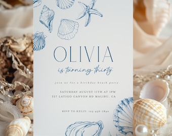 Blue Seashell Birthday Invitation: Coastal Party, Editable Template (5x7")