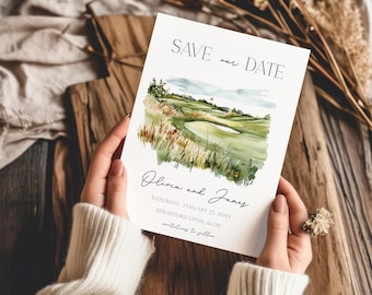 Invitación para guardar la fecha de golf / Verde acuarela, editable (descarga instantánea)