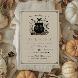 A baby is brewing baby shower invitation  | Halloween baby shower  | Gothic baby shower  |  Editable | Spooky sweet | Instant Download