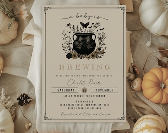 A baby is brewing baby shower invitation  | Halloween baby shower  | Gothic baby shower  |  Editable | Spooky sweet | Instant Download
