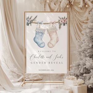 May include: A welcome sign for a gender reveal party with a watercolor illustration of two stockings, one blue and one pink, hanging from a string with greenery and flowers. The text reads "Welcome to Charlotte and Jack's Gender Reveal, December 22nd, 2024".