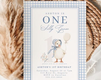 Silly Goose 1st Birthday Invitation: Blue Gingham Editable Template (Digital Download)