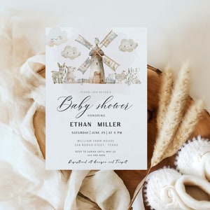 Digitale Einladungsvorlage für Windmühlen-Babyparty | Niedliche Bauernhoftiere-Babyparty-Einladung| Bauernhof-Baby-Dusche| Geschlechtsoffenbarung neutral