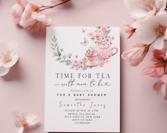 Time for tea with mom to be baby shower digital  Invitation Template | Tea Mom to be  Shower Invitation| Tea Flower shower | Editable