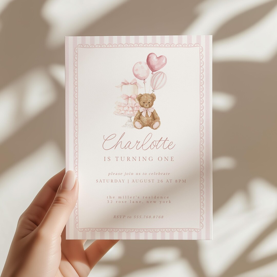 Pink Teddy Bear 1st Birthday Invitation, Cake & Balloons (editable ...