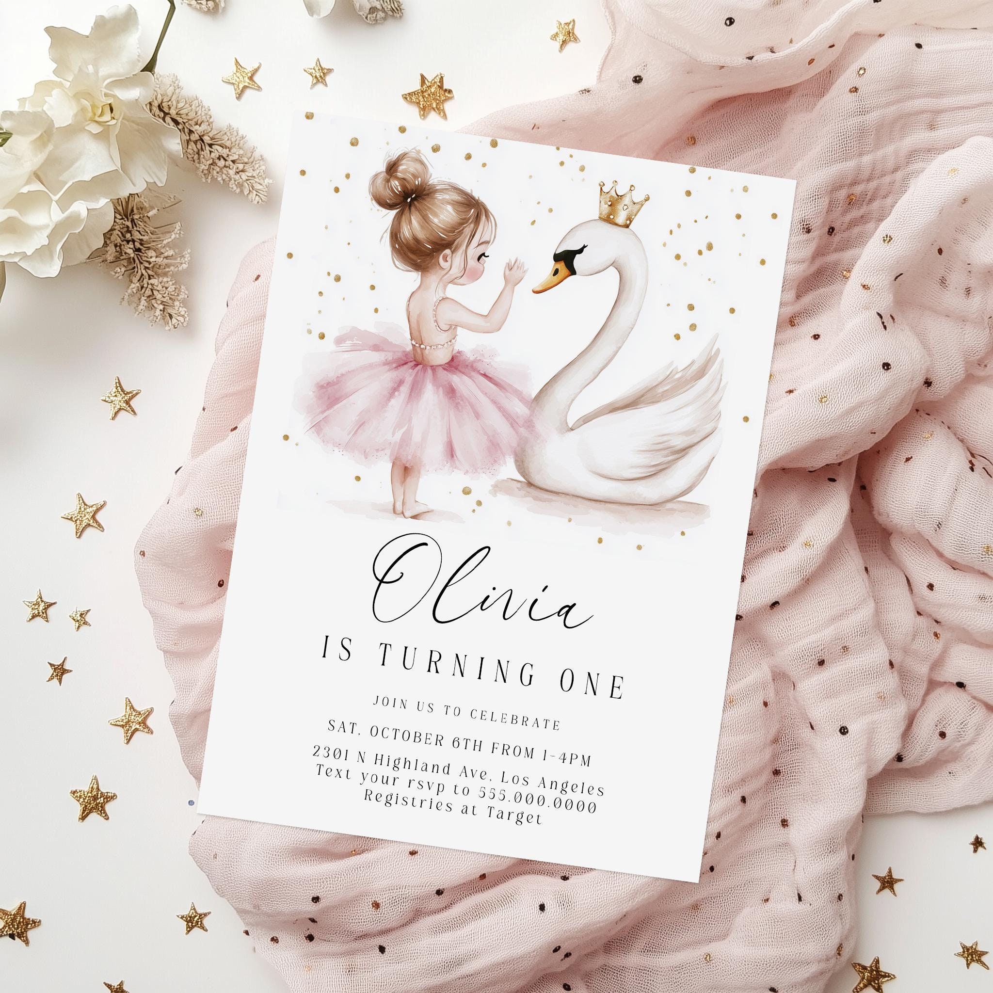 Ballerina Birthday Party Invitation | Ballerina First Birthday invite | Ballet theme  | Cute Ballerina and Swan| Editable | Instant Download