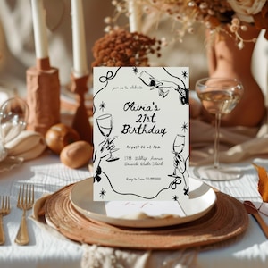 Hand Drawn Birthday Invitation Template | Bow birthday Invitation | Whimsical black Adult birthday | Instant download| Template