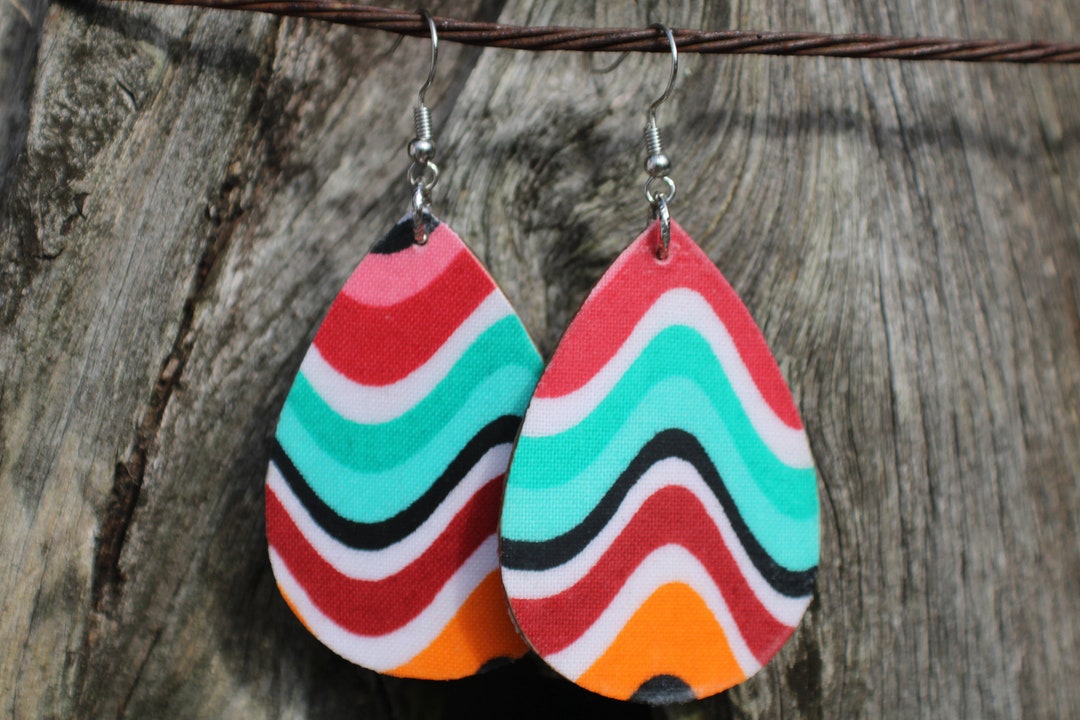 Fabric Decoupage Earrings, Lightweight Earrings, Wood Earrings, Fabric