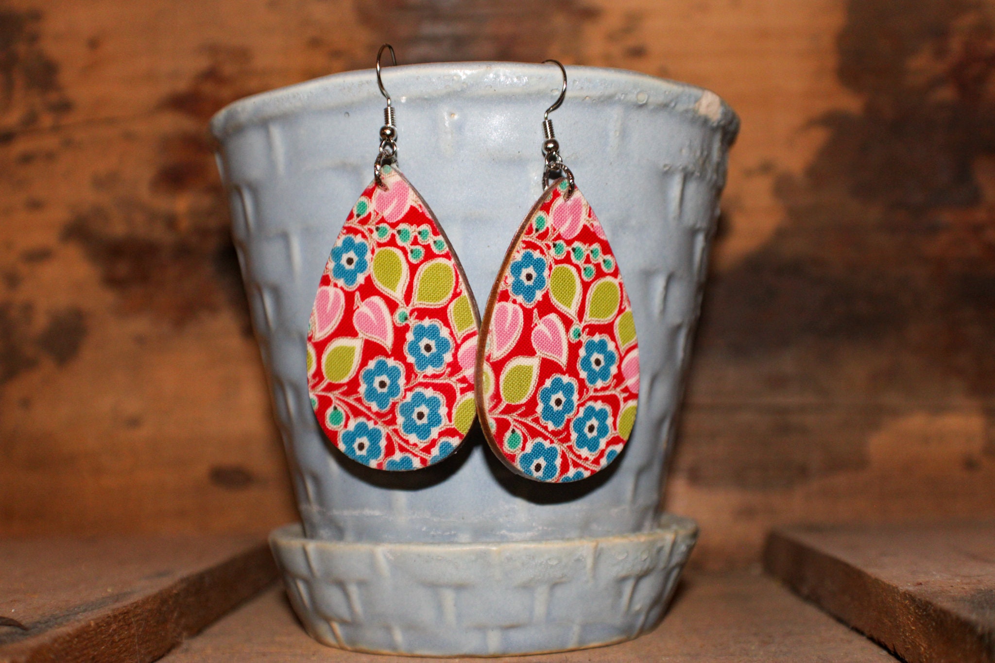 Floral Fabric Decoupage Earrings, Lightweight Earrings, Wood Earrings