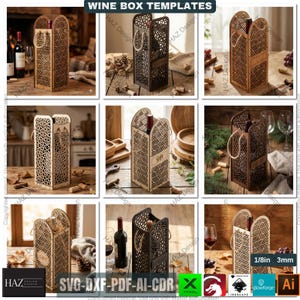 May include: A collection of laser-cut wooden wine box templates. The boxes feature intricate geometric patterns and a handle. Some boxes have a "Gift" label. The image includes wine bottles, corks, and the text "WINE BOX TEMPLATES".