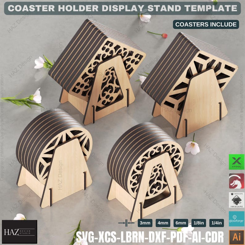 May include: A wooden coaster holder display stand template with four different coaster designs. The stand is made of wood and has a simple design. The coasters are made of wood and have a variety of patterns. The stand is designed to hold six coasters. The image includes the text "COASTERS INCLUDE" and "SVG-XCS-LBRN-DXF-PDF-AI-CDR".
