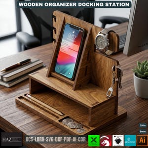 Docking station in legno personalizzata, organizer da scrivania, regalo per uomo, supporto per telefono, comodino, vassoio portaoggetti