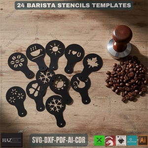May include: A collection of black barista stencils with various designs, including a coffee cup, sun, and maple leaf. The image also shows a wooden coffee tamper and a pile of coffee beans. The text at the top reads "24 BARISTA STENCILS TEMPLATES".