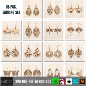 May include: A 15-piece earring set featuring laser-cut wooden designs including teardrops, birds, elephants, leaves, dragonflies, ginkgo leaves, moons, anchors, lotus flowers, bees, butterflies, trees, cats, and flying birds with metal ear hooks.