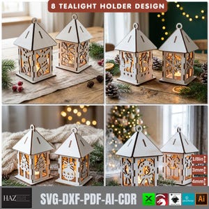 Könnte beinhalten: Ein Set aus acht weißen, lasergeschnittenen Teelichthaltern aus Holz mit verschiedenen weihnachtlichen Motiven wie Rentieren, Schneeflocken, Tannenbäumen und Ornamenten. Die Dateien sind für Materialstärken von 1/8 Zoll, 3mm und 4mm geeignet.