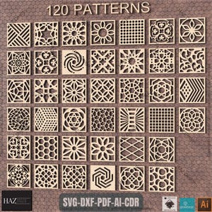 May include: A collection of 36 square wooden patterns featuring various designs, including geometric and floral motifs. The image displays the text "120 PATTERNS" at the top and "SVG-DXF-PDF-AI-CDR" at the bottom, showcasing a range of design options.