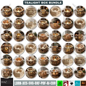 Op de afbeelding: Een verzameling houten theelichtboxbundels. Elke doos is zeshoekig met ingewikkelde uitgesneden ontwerpen, die verschillende thema's laten zien. De dozen worden verlicht door een warme gloed van de theelichtkaarsen binnenin. De tekst "TEALIGHT BOX BUNDLE" staat bovenaan.