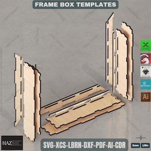 May include: Laser-cut frame box templates in light wood, with black edges, and the text "FRAME BOX TEMPLATES". The design includes various components for assembly. The image also shows logos for design software and file formats.