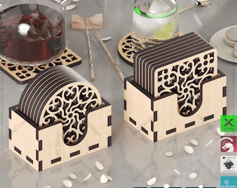 Laser geschnittener Untersetzerhalter rundes quadratisches Design, DIY-Dekor, Untersetzerhalter-Set für das Laserschneiden, einzigartiges Designpaket, Glowforge Coaster 432