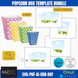 Lot de modèles de boîtes de pop-corn à faire soi-même | 4 tailles SVG PDF ai pour Cricut & Silhouette | 100 % compatible avec la toile 384