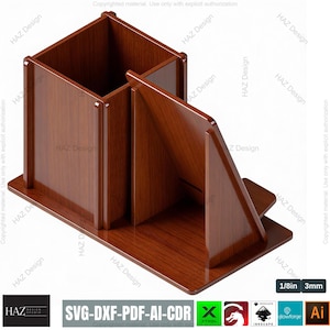 K&ouml;nnte beinhalten: Ein Schreibtisch-Organizer aus Holz mit einer satten, dunkelbraunen Oberfl&auml;che. Der Organizer verf&uuml;gt &uuml;ber ein gro&szlig;es quadratisches Fach, einen kleineren, unterteilten Bereich und einen schr&auml;gen Bereich f&uuml;r Dokumente. Die Basis ist rechteckig. Der Text "SVG-DXF-PDF-AI-CDR" ist sichtbar.