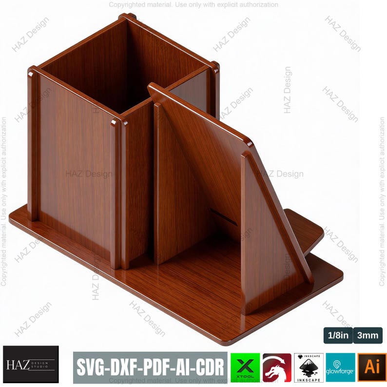 K&ouml;nnte beinhalten: Ein Schreibtisch-Organizer aus Holz mit einer satten, dunkelbraunen Oberfl&auml;che. Der Organizer verf&uuml;gt &uuml;ber ein gro&szlig;es quadratisches Fach, einen kleineren, unterteilten Bereich und einen schr&auml;gen Bereich f&uuml;r Dokumente. Die Basis ist rechteckig. Der Text "SVG-DXF-PDF-AI-CDR" ist sichtbar.