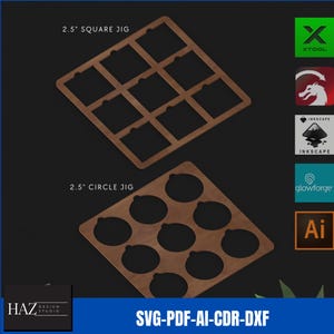 May include: Two wooden jigs for crafting, one with nine 2.5 inch square cutouts and the other with nine 2.5 inch circle cutouts. The jigs are labelled "2.5" SQUARE JIG" and "2.5" CIRCLE JIG".