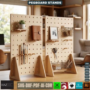May include: Two wooden pegboard stands with various accessories, including a small plant, a leather journal, a framed picture, and wire baskets. The stands have a light wood finish and are designed for organization. Text on the image reads "PEGBOARD STANDS" and "SVG-DXF-PDF-AI-CDR".