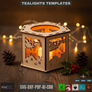 May include: A wooden tealight holder with a festive design. The laser-cut design features houses and a sleigh with Santa Claus. The top has a circular opening. The text "TEALIGHTS TEMPLATES" and "SVG-DXF-PDF-AI-CDR" are visible.