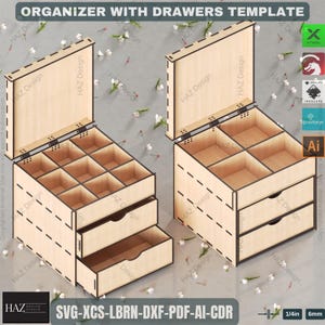 Laser Cut Organizer Box Plan with Drawers Wooden Jewelry or Desk Storage Design,DIY Wooden Organizer Template  Box with Drawers Flip Lid 444