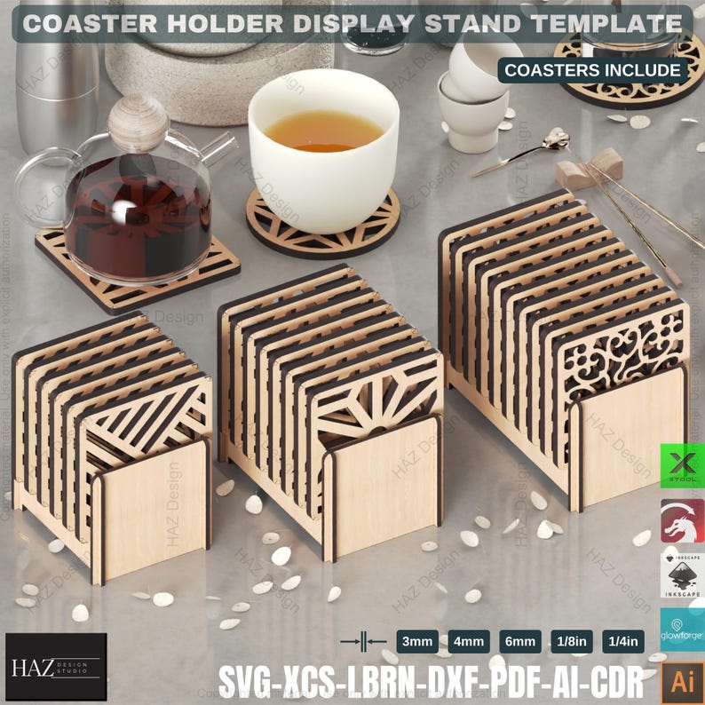 May include: A wooden coaster holder display stand template with three different sized stands. The stands are made of wood and have a natural finish. The coasters are included and have different designs. The text "COASTERS INCLUDE" is at the top of the image. The text "SVG-XCS-LBRN-DXF-PDF-AI-CDR" is at the bottom of the image.