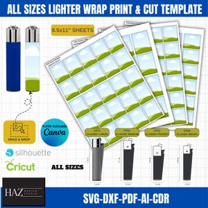 May include: Printable template for lighter wraps with a green hills and white clouds design. The template includes four different sizes: Classic Large, Classic Medium, Classic Pocket, and Classic Micro. The template is 8.5 x 11 inches and is compatible with Canva, Silhouette, and Cricut.