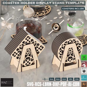 May include: A wooden coaster holder display stand template with intricate cut-out designs. The stand is designed to hold six square coasters and includes a set of six round coasters. The template is available in SVG, XCS, LBRN, DXF, PDF, AI, and CDR formats. The image also shows the different thicknesses the template can be cut at: 3mm, 4mm, 6mm, 1/8 inch, and 1/4 inch.