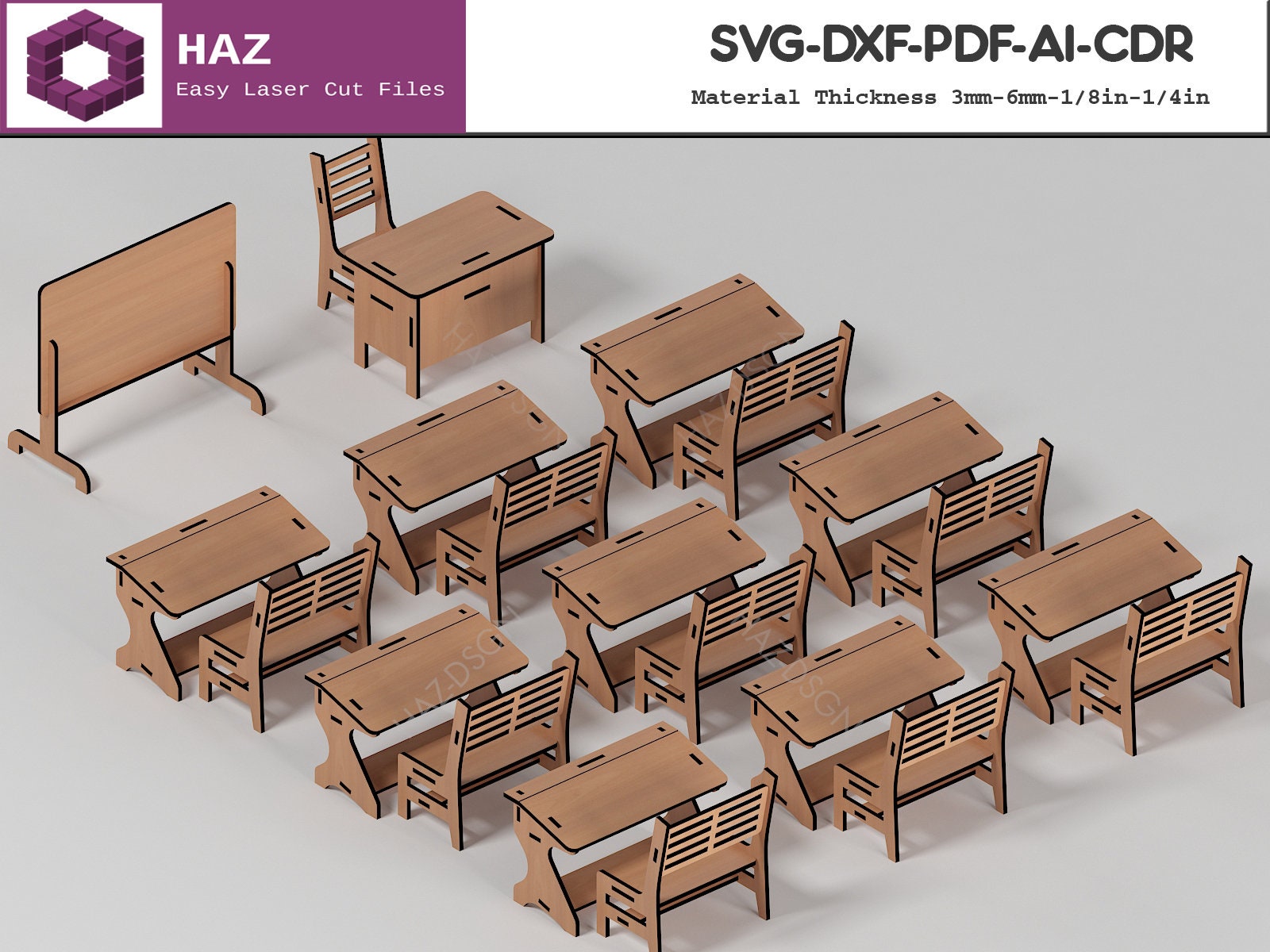 School Furnitures / Wood Dollhouse Set / Kids Chair Table Board Cutting