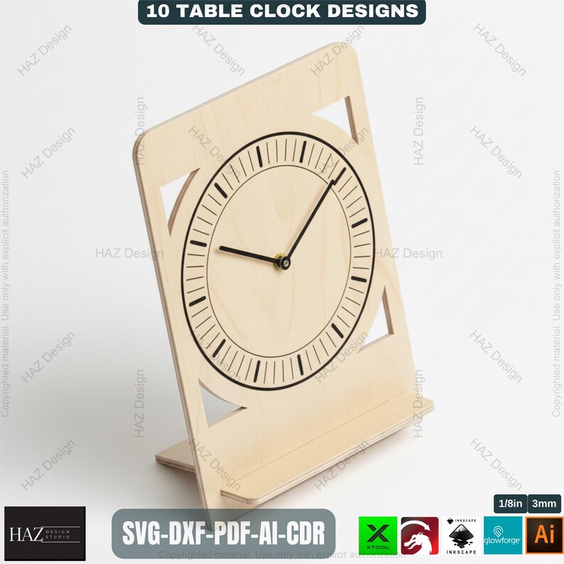 May include: A light-colored wooden table clock with a circular clock face and black hands. The clock is supported by a stand and features a geometric design. The text "10 TABLE CLOCK DESIGNS" is at the top. The clock is approximately 6 inches tall.