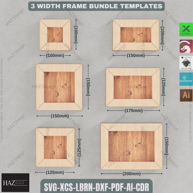 May include: A set of three wood frame templates in different sizes. The frames are 100mm, 150mm, and 125mm wide. The templates are available in SVG, XCS, LBRN, DXF, PDF, AI, and CDR formats.