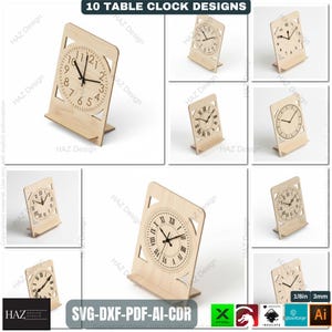 May include: A collection of ten wooden table clock designs. Each clock features a unique face design, including Roman numerals and standard numbers. The clocks are displayed on a wooden stand. The image includes the text "10 TABLE CLOCK DESIGNS" and "SVG-DXF-PDF-AI-CDR".