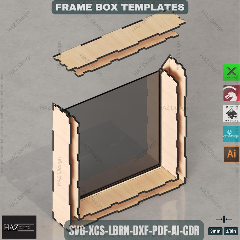 May include: A digitally rendered frame box template with the text "FRAME BOX TEMPLATES". The design features interlocking wooden pieces, a clear panel, and the text "SVG-XCS-LBRN-DXF-PDF-AI-CDR". The dimensions are 3mm or 1/8in.
