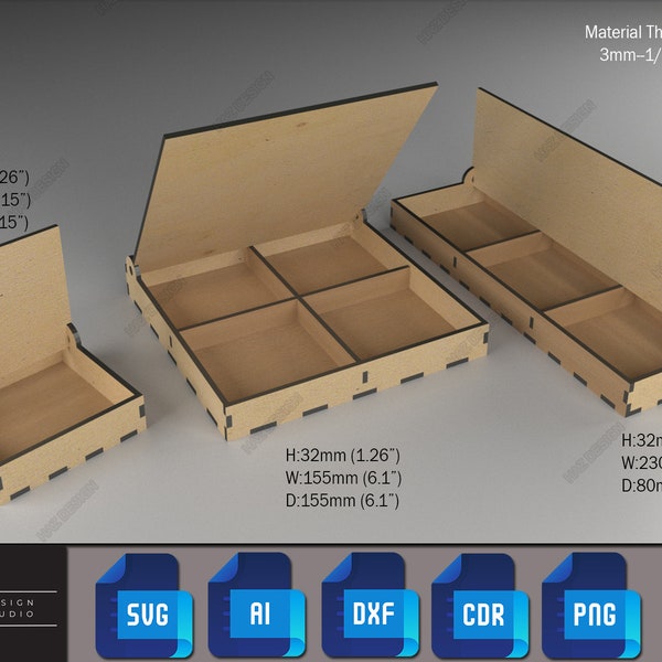 Divided Boxes With Lid - Multipurpose Jewelry and Storage Box - Laser Cut Wooden Box Files - Boxes Grid and Flip Lid SVG DXF Ai Cdr 188