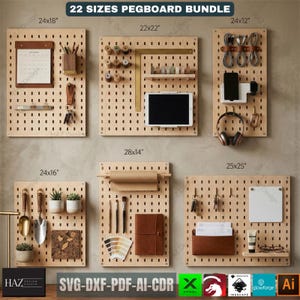 May include: A collection of wooden pegboards in various sizes, each with different accessories. The pegboards are displayed against a neutral background. Accessories include a calendar, pens, a tablet, headphones, and gardening tools. The text "22 SIZES PEGBOARD BUNDLE" is at the top.