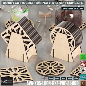 May include: A wooden coaster holder display stand template with a geometric design. The stand is made to hold six coasters. The coasters are also included in the template and have a geometric design. The template is available in SVG, XCS, LBRN, DXF, PDF, AI, and CDR formats.