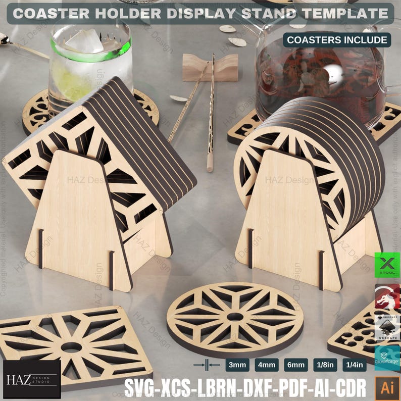 May include: A wooden coaster holder display stand template with a geometric design. The stand is made to hold six coasters. The coasters are also included in the template and have a geometric design. The template is available in SVG, XCS, LBRN, DXF, PDF, AI, and CDR formats.